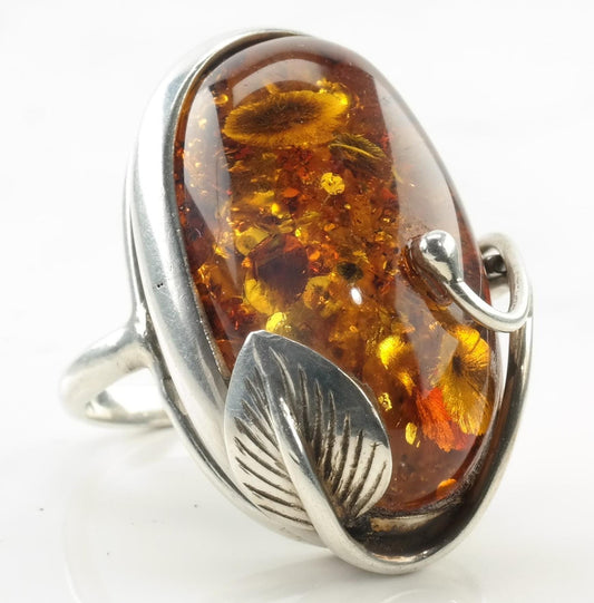 Vintage Sterling Silver Ring Amber Oval Leaf Size 7 3/4