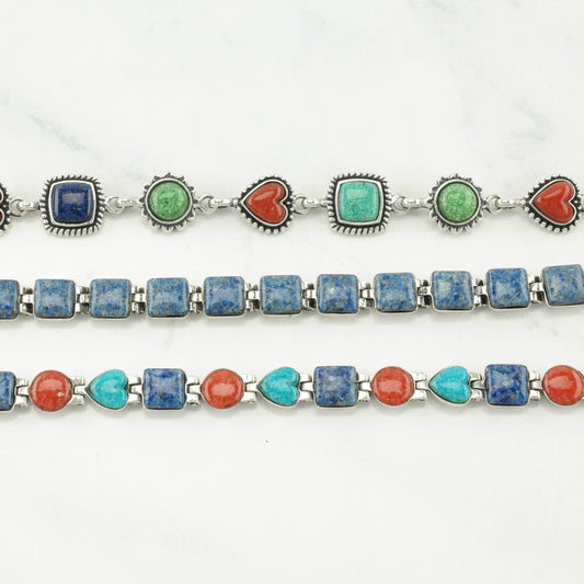 Choice of Vintage Carolyn Pollack Sterling Silver Link Bracelet Multi Stone Inlay