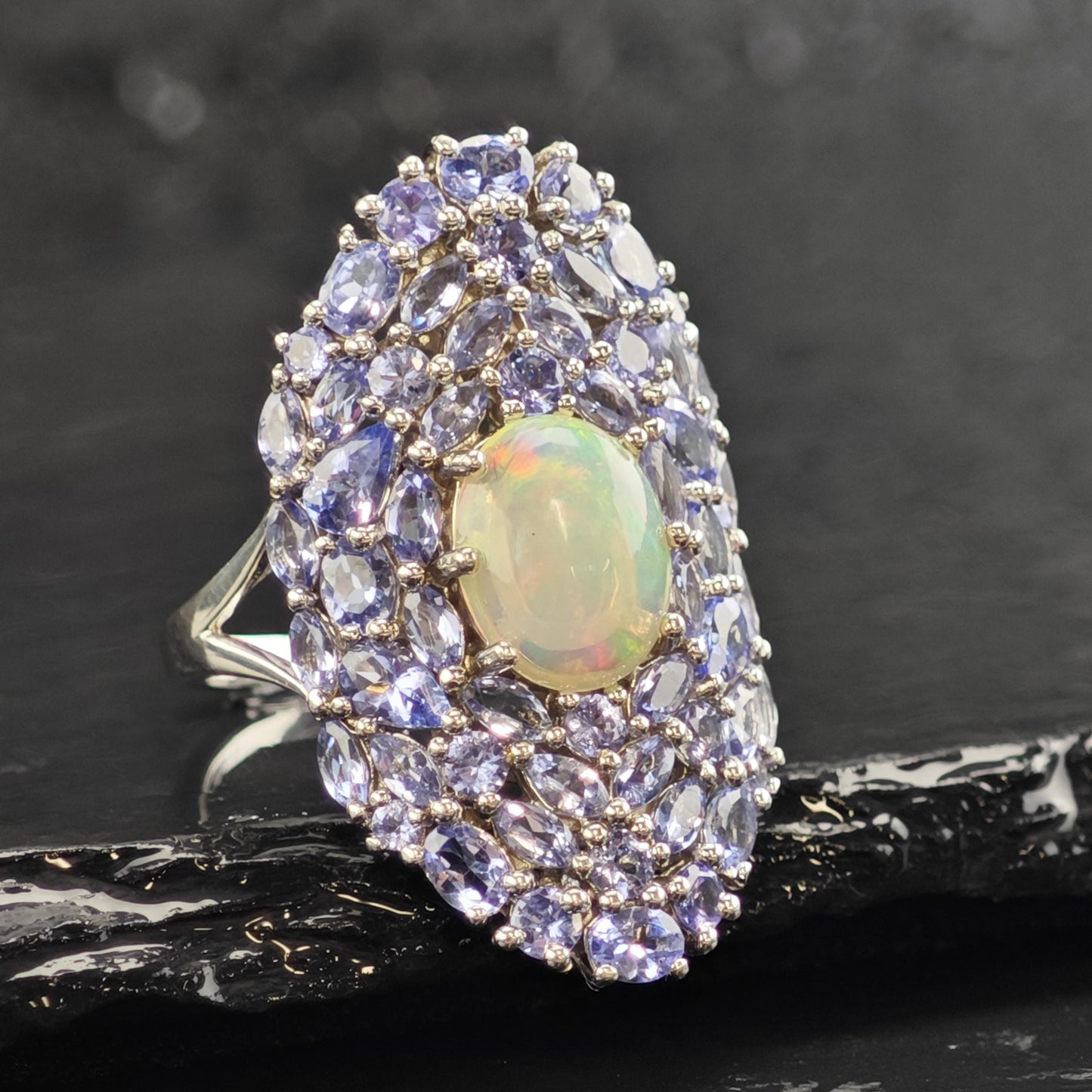Opal & Tanzanite Cluster Sterling Silver Ring Sz 10 1/4 R6614