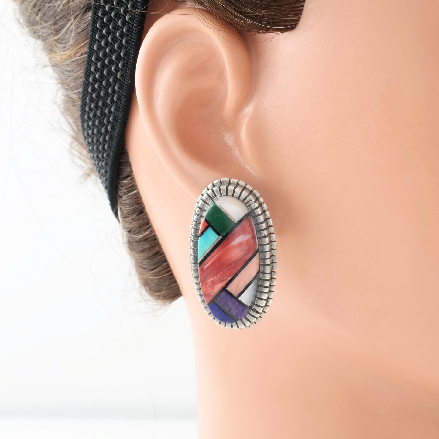 Vintage Native American Inlay Stud Earrings Sterling Silver Turquoise Spiny Oyster Lapis