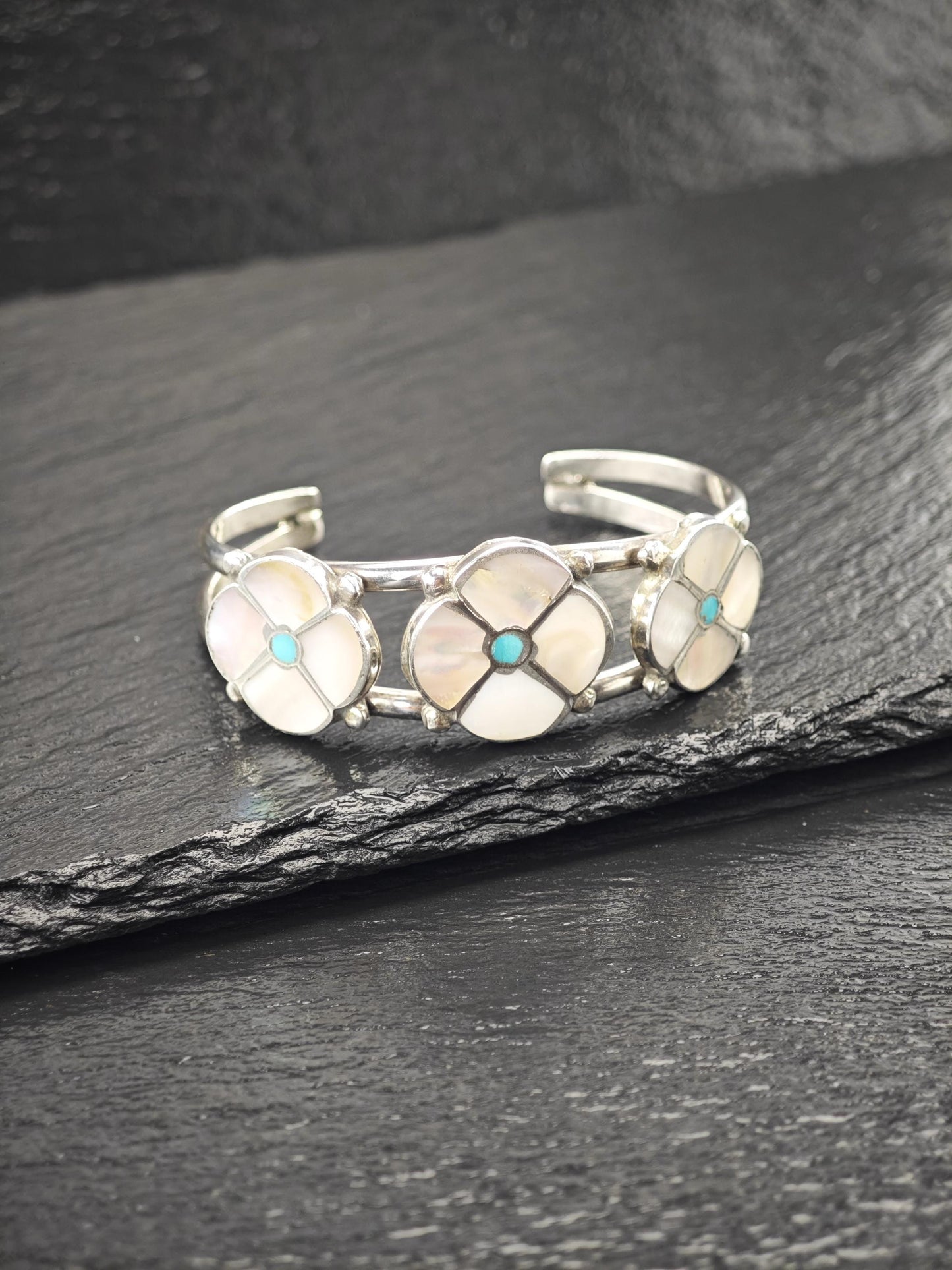 Zuni, Native American, Flower Inlay Cuff Bracelet Sterling Silver
