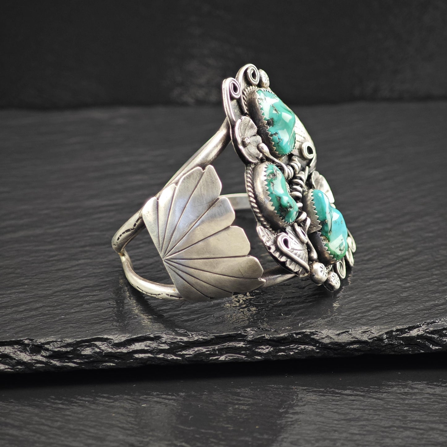 Native American Blue Turquoise Floral Cuff Bracelet Sterling Silver