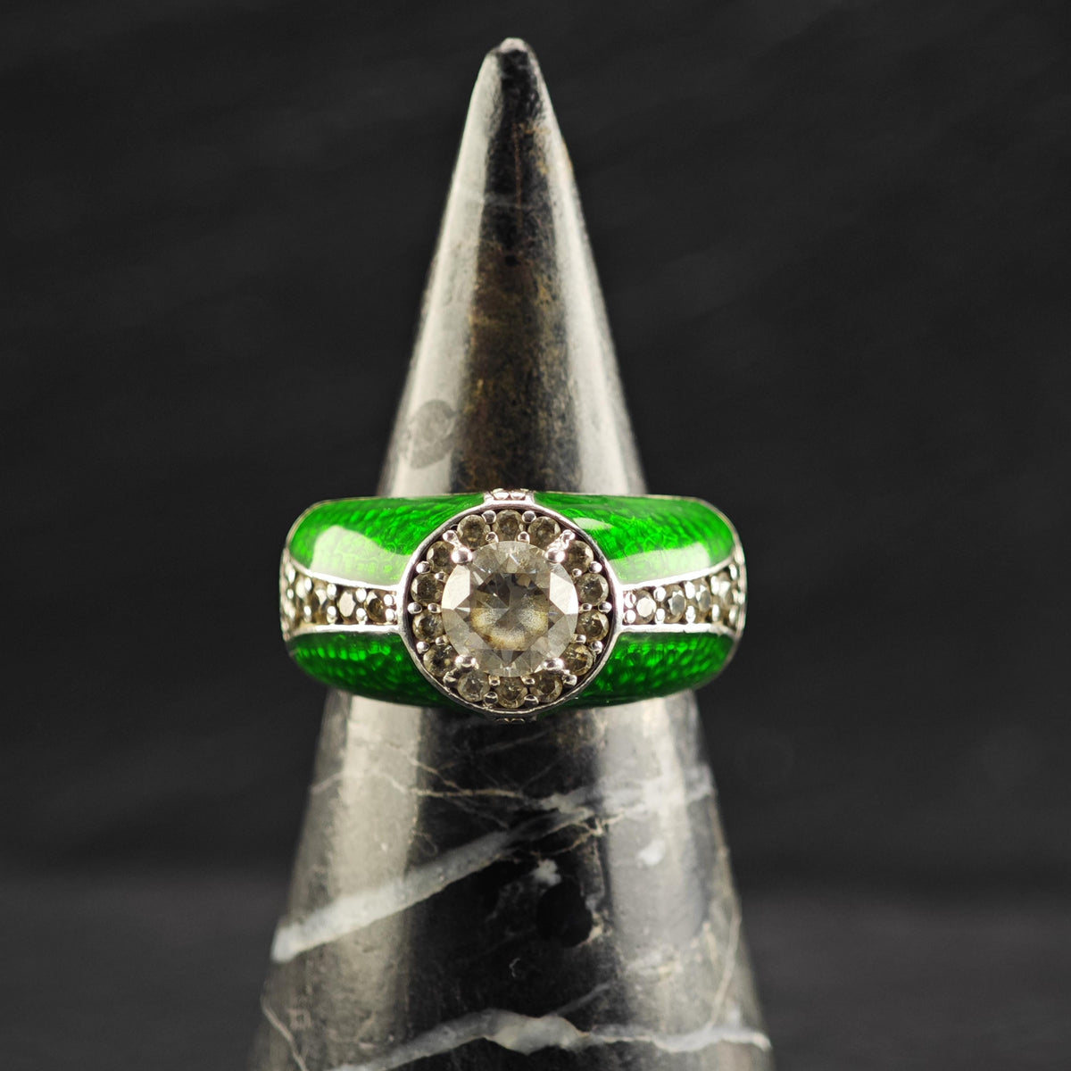 Hallmark Green Enamel CZ Sterling Silver Ring Sz 6 R6824