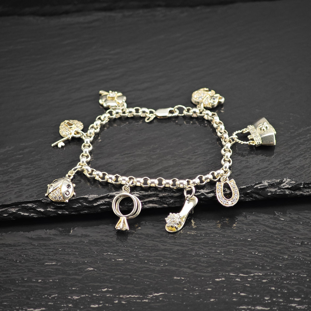 Charm Sterling Silver Bracelet Sz 6 3/4" BR3161