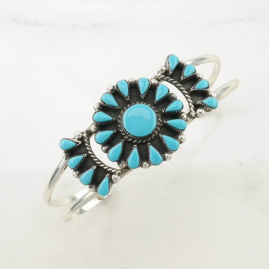 Vintage Southwest Sterling Silver Cuff Bracelet Blue Block Turquoise, Cluster Floral