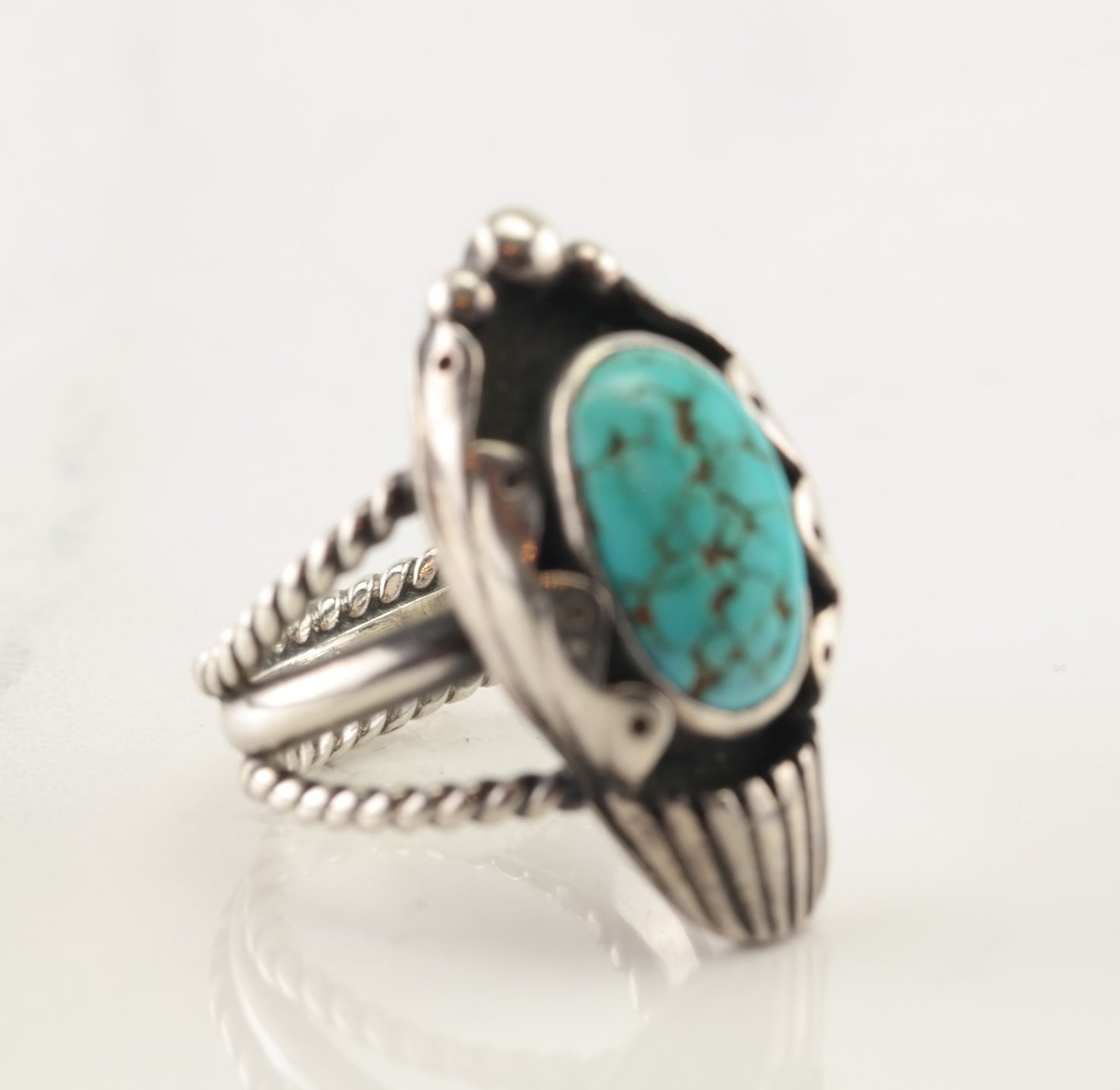 Native American Silver Ring Spiderweb Turquoise Shadowbox Sterling Size 7 1/2