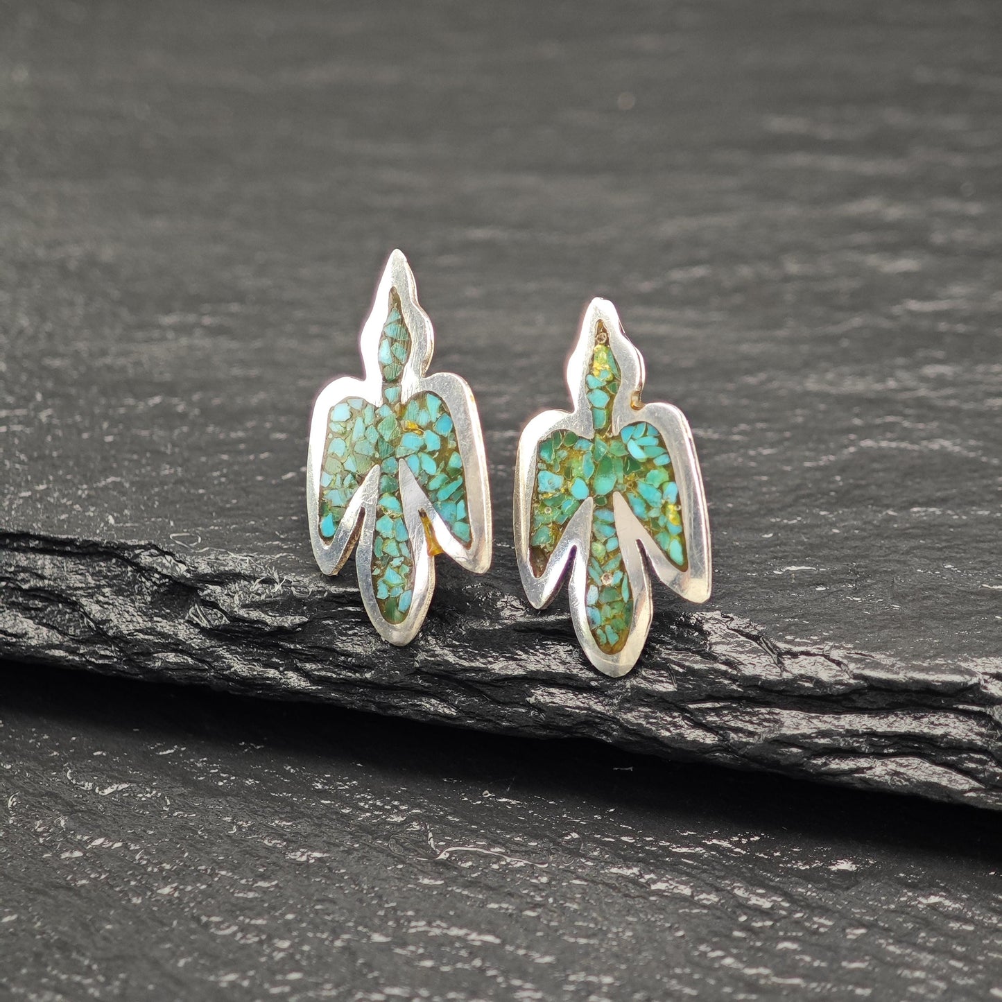 Native American Green Inlay, Turquoise Thunderbird Stud Earrings Sterling Silver