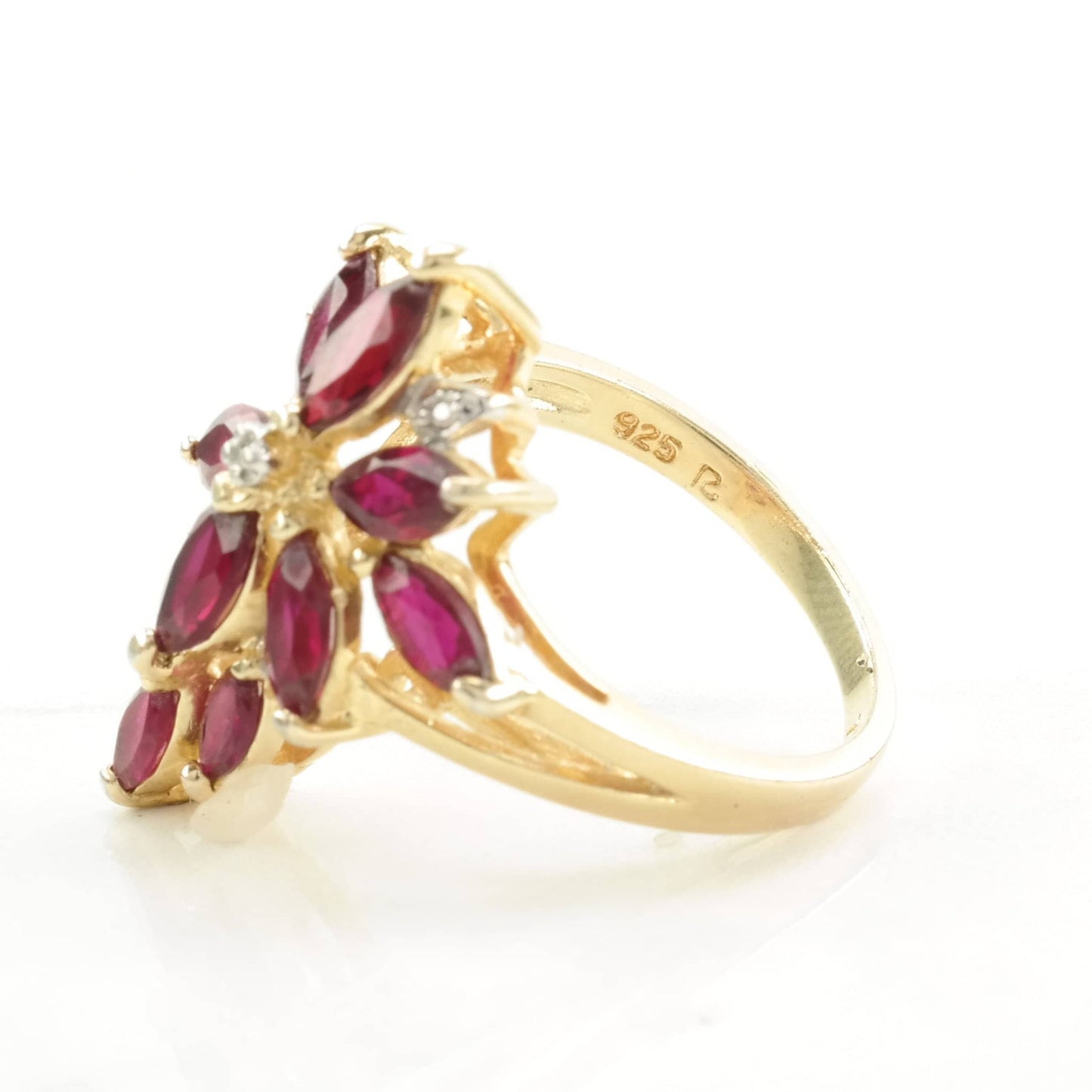 Sterling Silver Ring Lab Ruby, Diamond Chip Cluster Pink Size 6 3/4