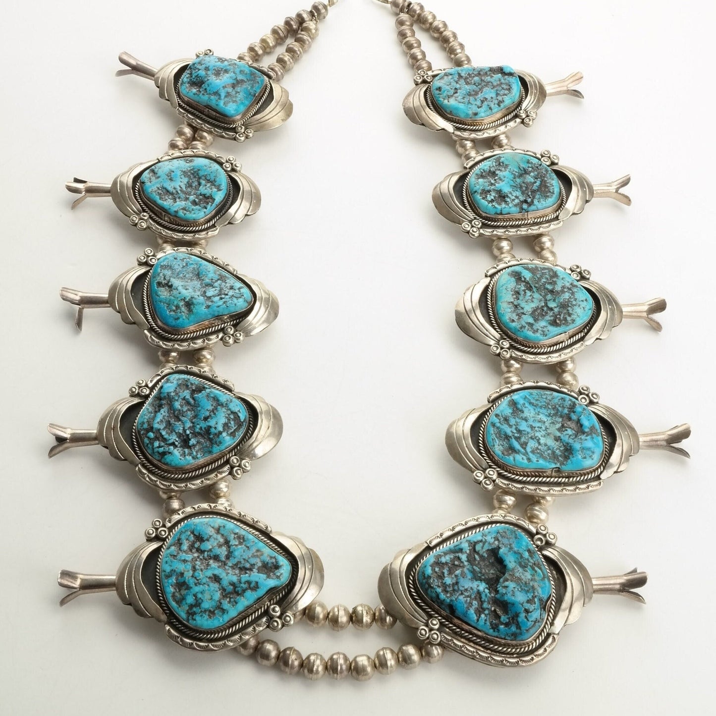 Large Kingman Turquoise squash blossom necklace Native American Sterling