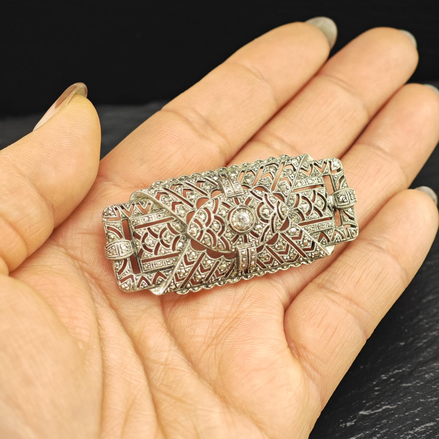 Art Deco Sterling Silver Brooch Filigree White Paste