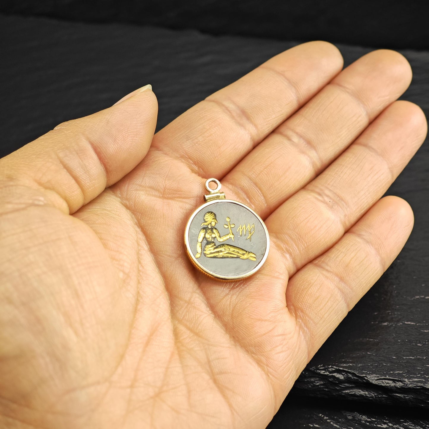 Gold Fill Nephrite Jade Virgo Zodiac Coin Pendant P3083