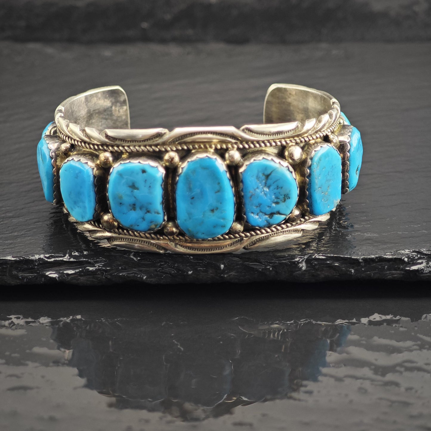 Vintage Navajo, Sleeping Beauty 9 Stone Turquoise Sterling Silver Cuff Sz 7" BR3128