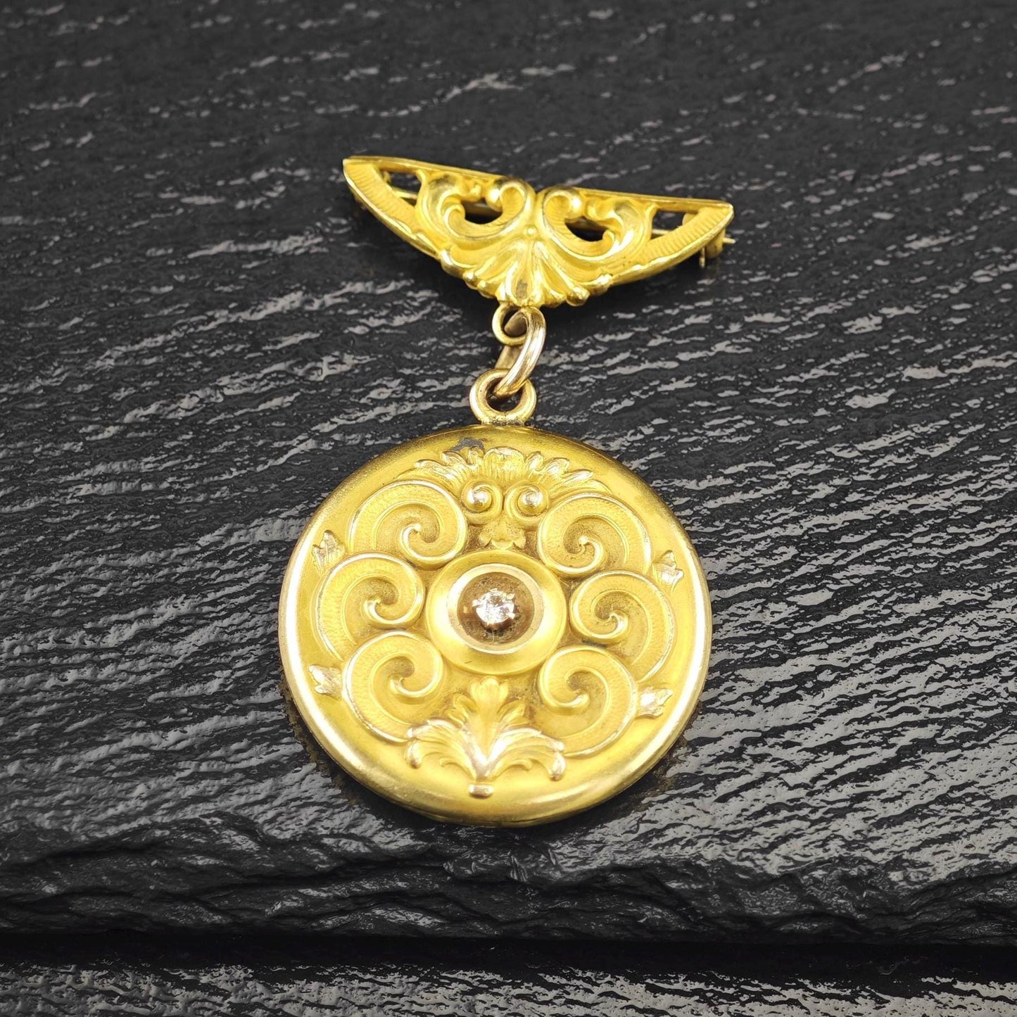 Art Nouveau Monogram Locket, Gold Diamond Brooch
