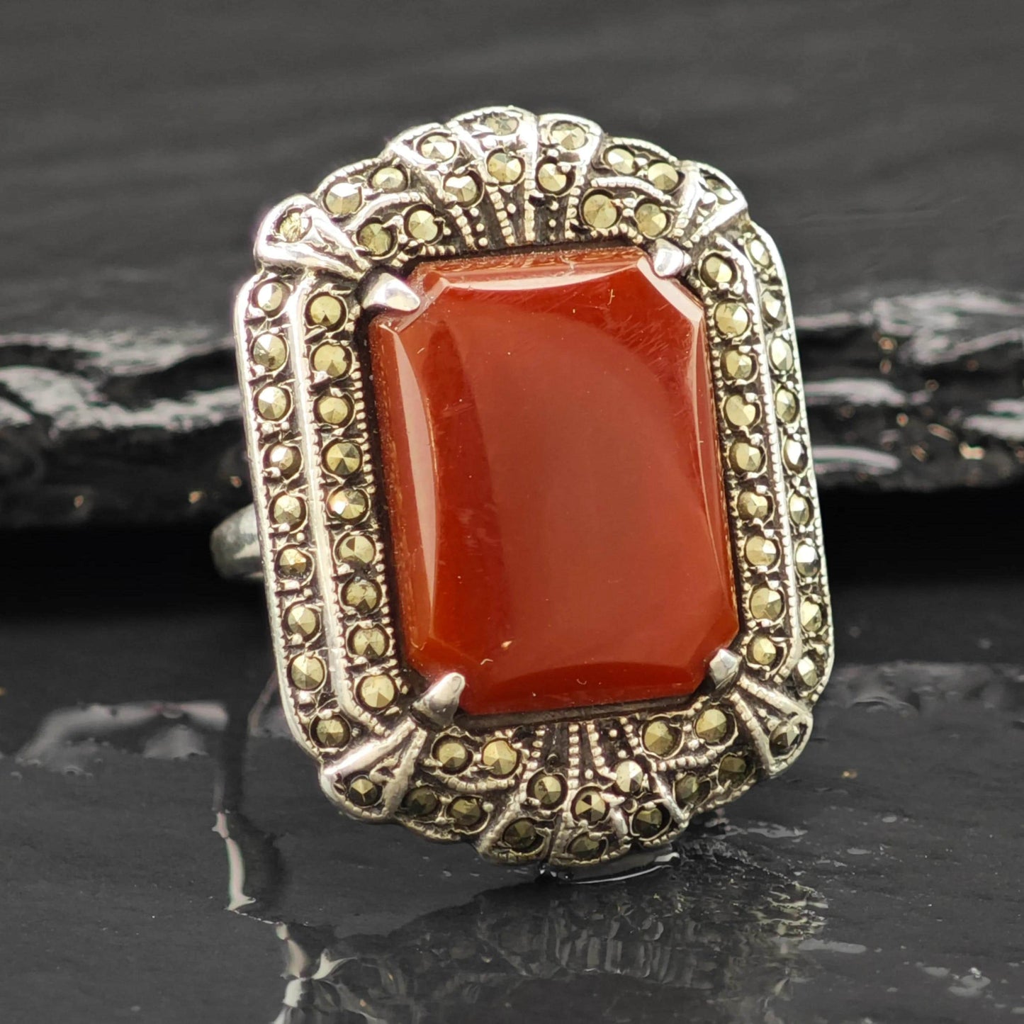 Art Deco Style Carnelian Marcasite Ring Sterling Silver Sz 6 R6253