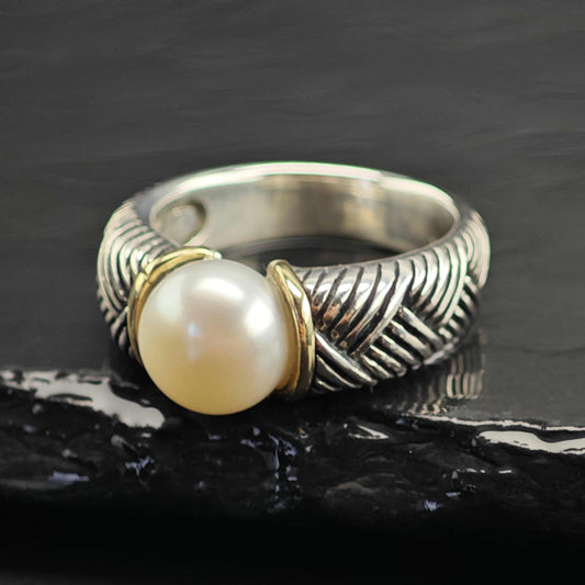 Pearl 14K Gold Accent Sterling Silver Ring Sz 7 R6732