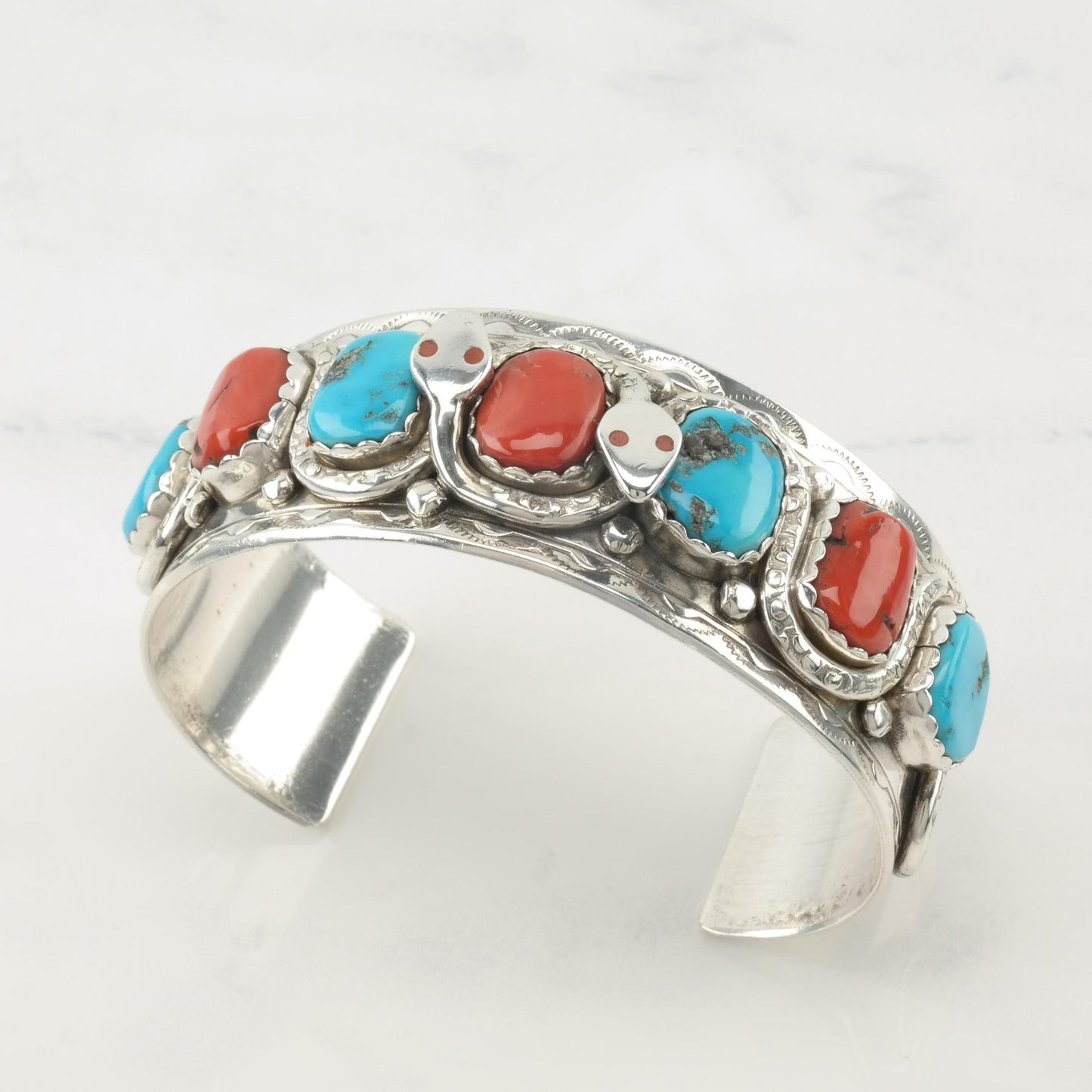 Zuni Snake Cuff Bracelet Native American Sterling Silver Sleeping Beauty Turquoise Mediterranean Coral