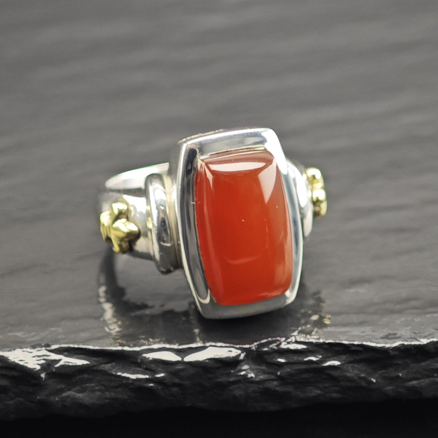 Ann King 18K Gold Carnelian Fleur-de-lis Sterling Silver Ring Sz 7 R6694