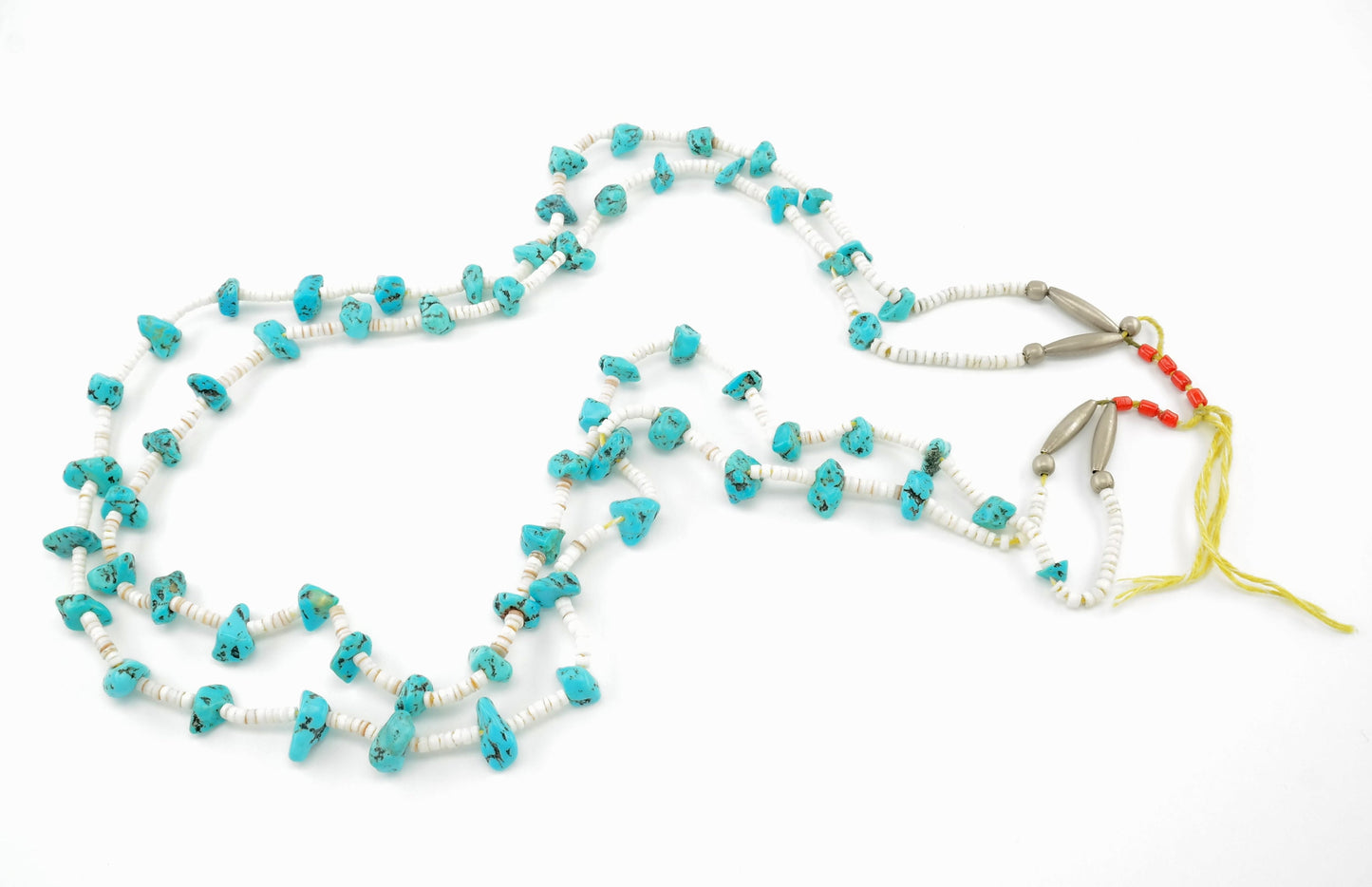 Sw Turquoise, Coral, Shell, Two Strand, Heishi Sterling Silver Bead Necklace N1626