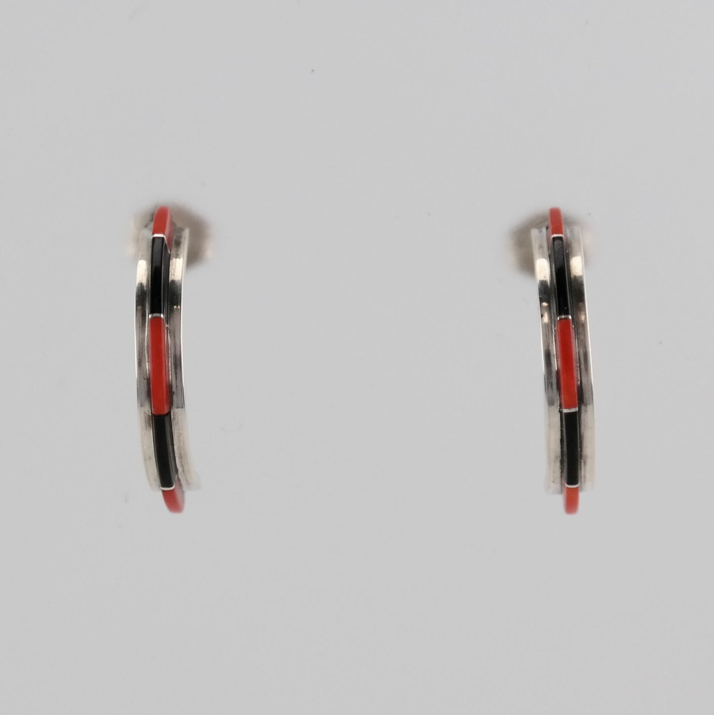 Southwest Sterling Silver Coral, Jet Inlay Earrings Stud/Hoop