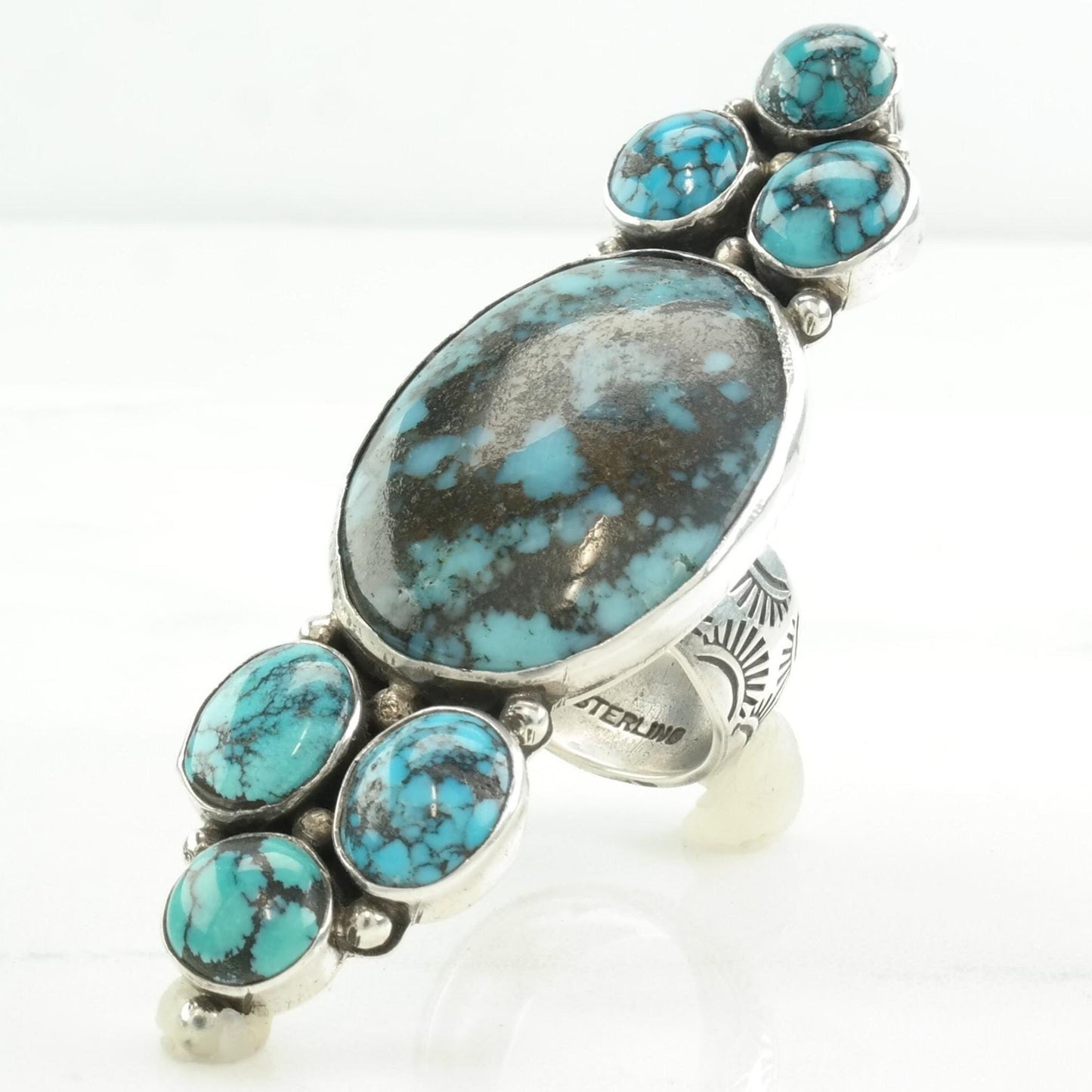 Vintage Native American Silver Ring Spiderweb Turquoise Long Sterling Size 7 1/2