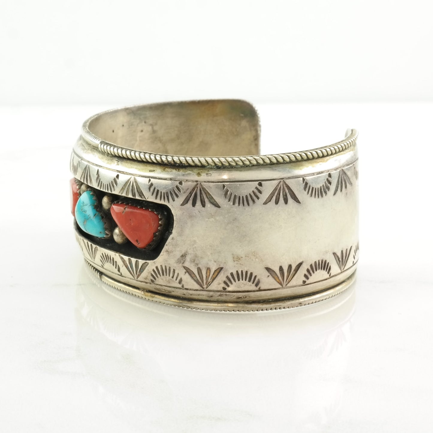 Native American Sterling Silver Cuff Bracelet Blue, Red Turquoise, Coral Stamped, Shadowbox