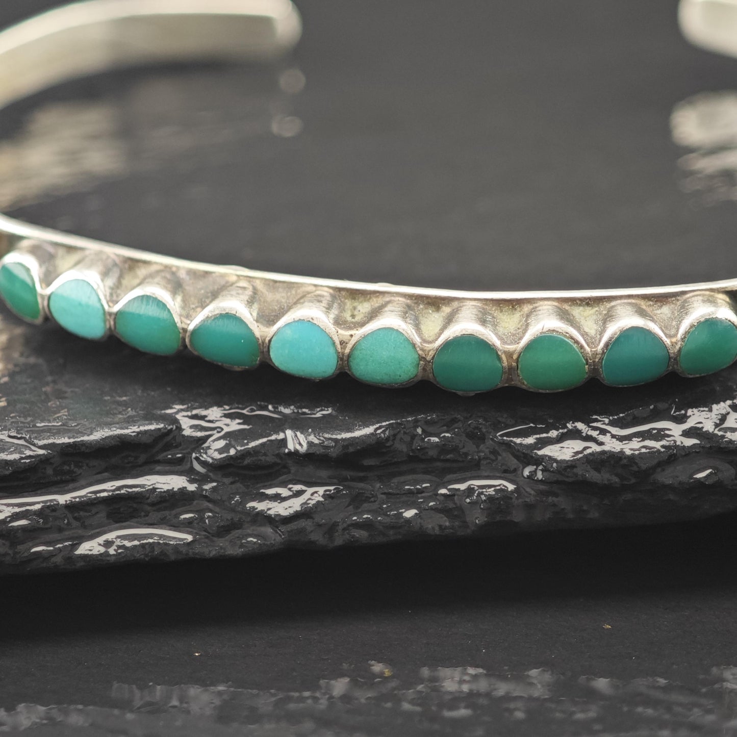 Native American Green Turquoise Inlay Cluster Cuff Bracelet Sterling Silver
