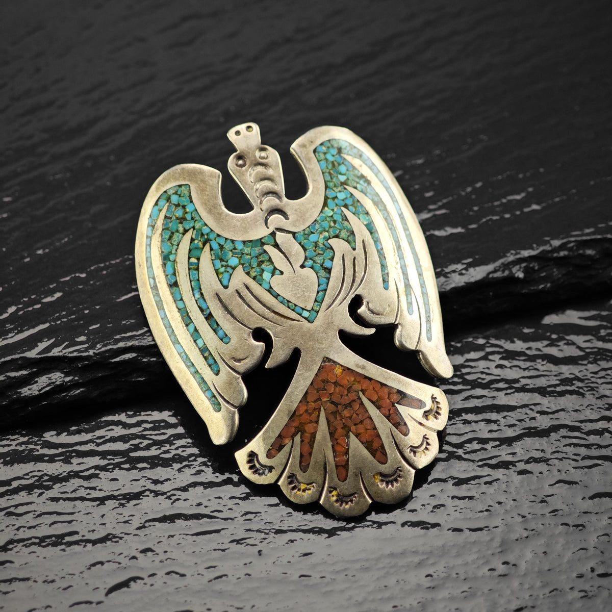 Jimmie Patterson Navajo Thunderbird Turquoise, Coral Inlay Sterling Silver Pendant P3152