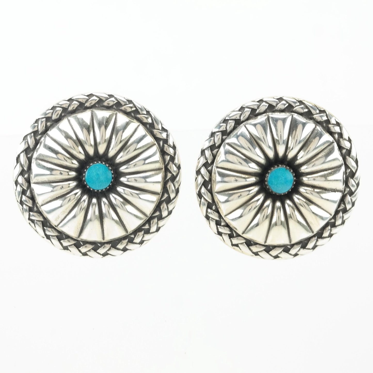 Southwest Block Turquoise Concho Earrings Sterling Silver Screw Back