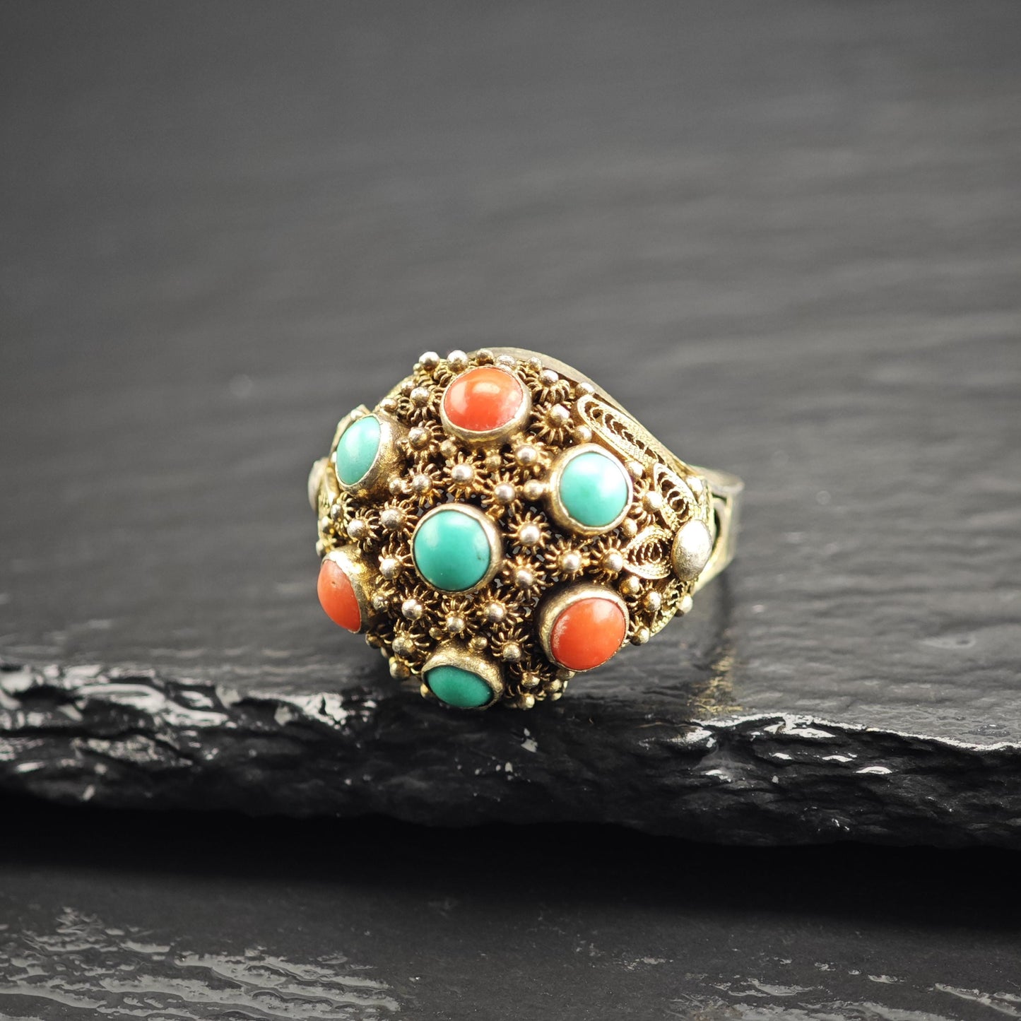 Chinese Export Turquoise & Coral Gold Gilded Ring Sterling Silver Sz 8 1/4 R6618