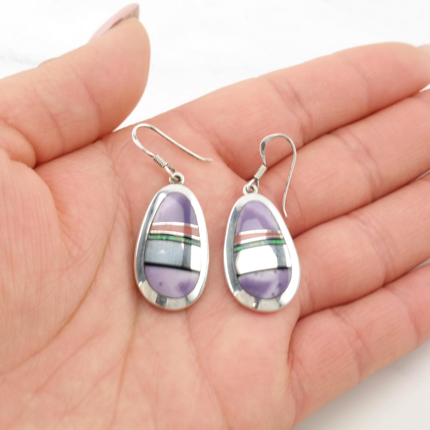 Native American Purple Inlay Fish Hook Earrings Sterling Silver