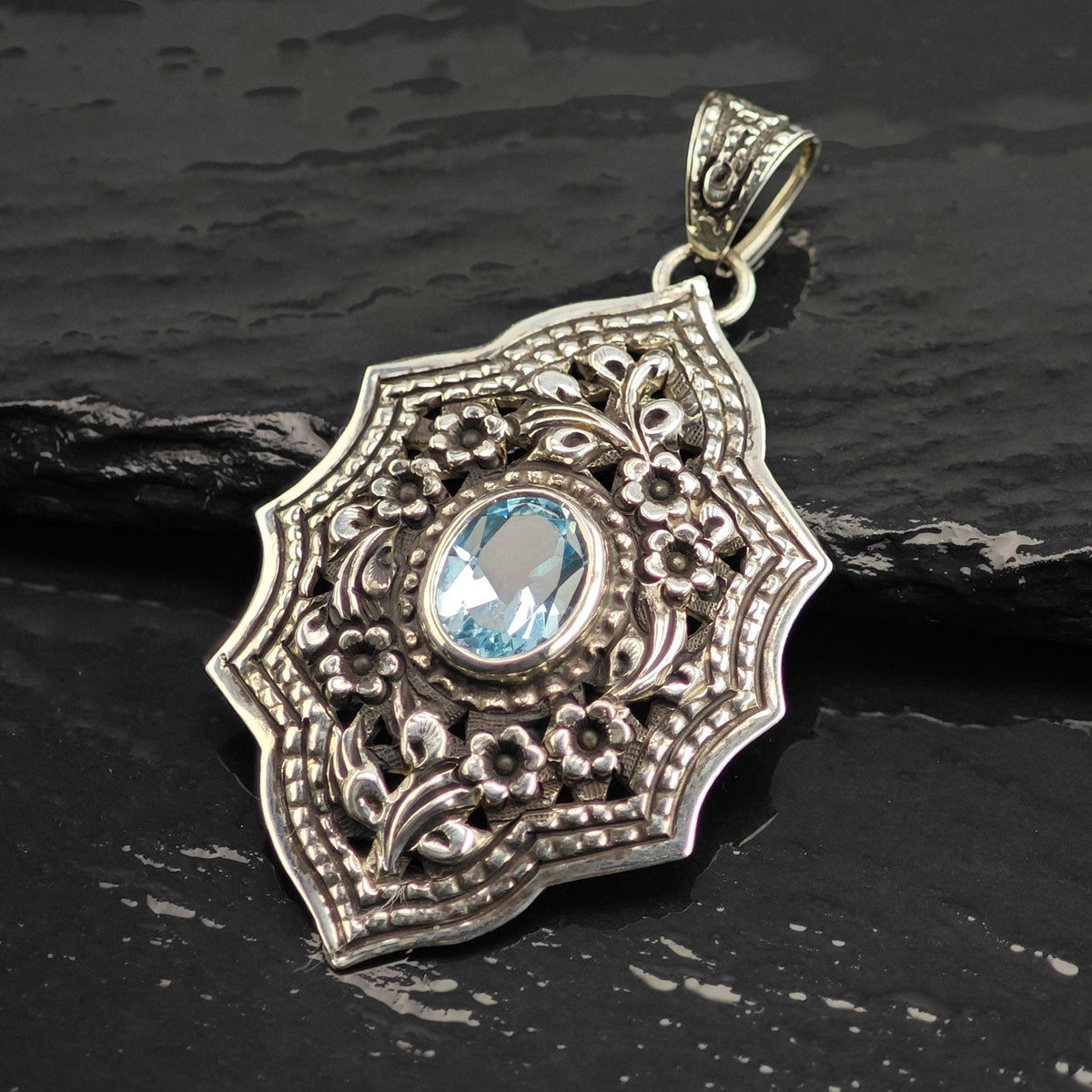 Topaz Floral Repousse Detailing Sterling Silver Pendant P3148