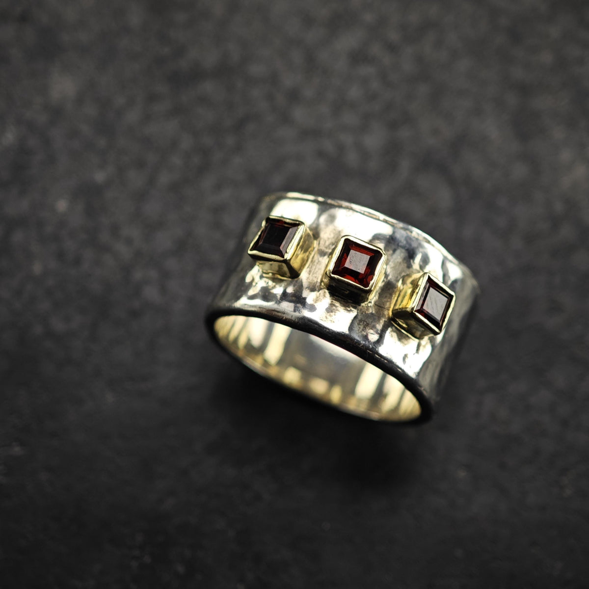 Garnet Trio 14k Gold Bezel Sterling Silver Ring Sz 7 R6866