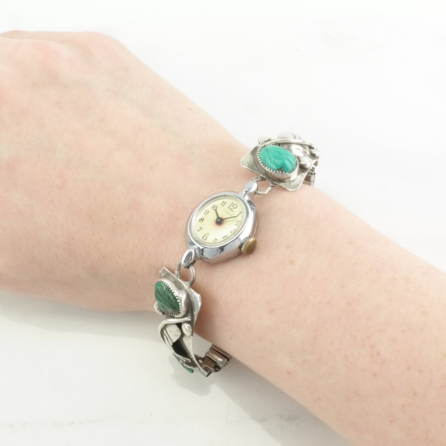 Vintage Native American, For Repair Sterling Silver Stretch Watch Bracelet Blue Turquoise Floral