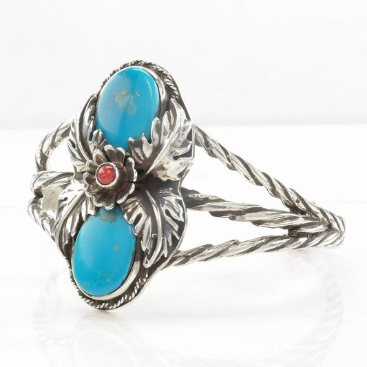 Southwest Sterling Silver Cuff Bracelet Turquoise, Coral Floral