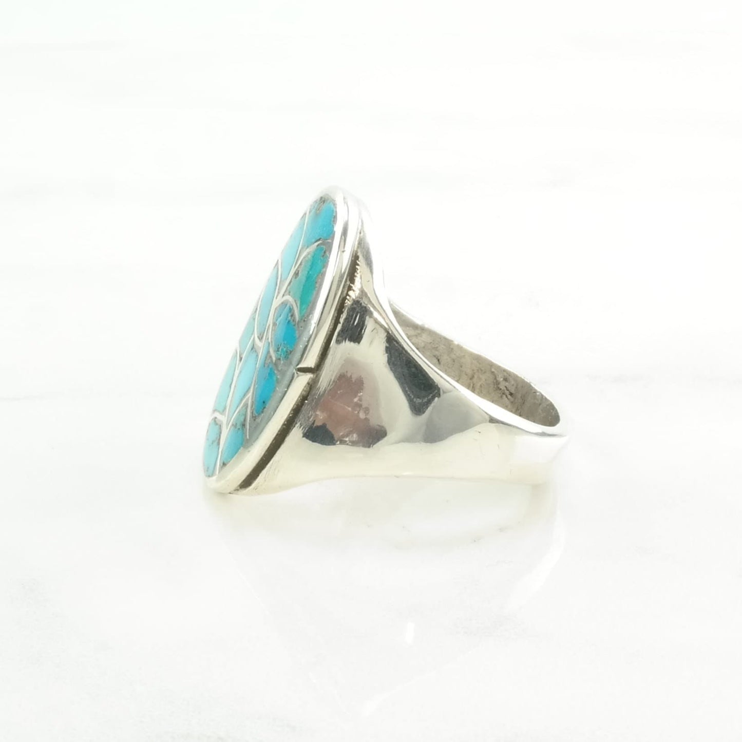 Southwest Silver Ring Turquoise Inlay, Fishscale Sterling Blue Size 11 1/4