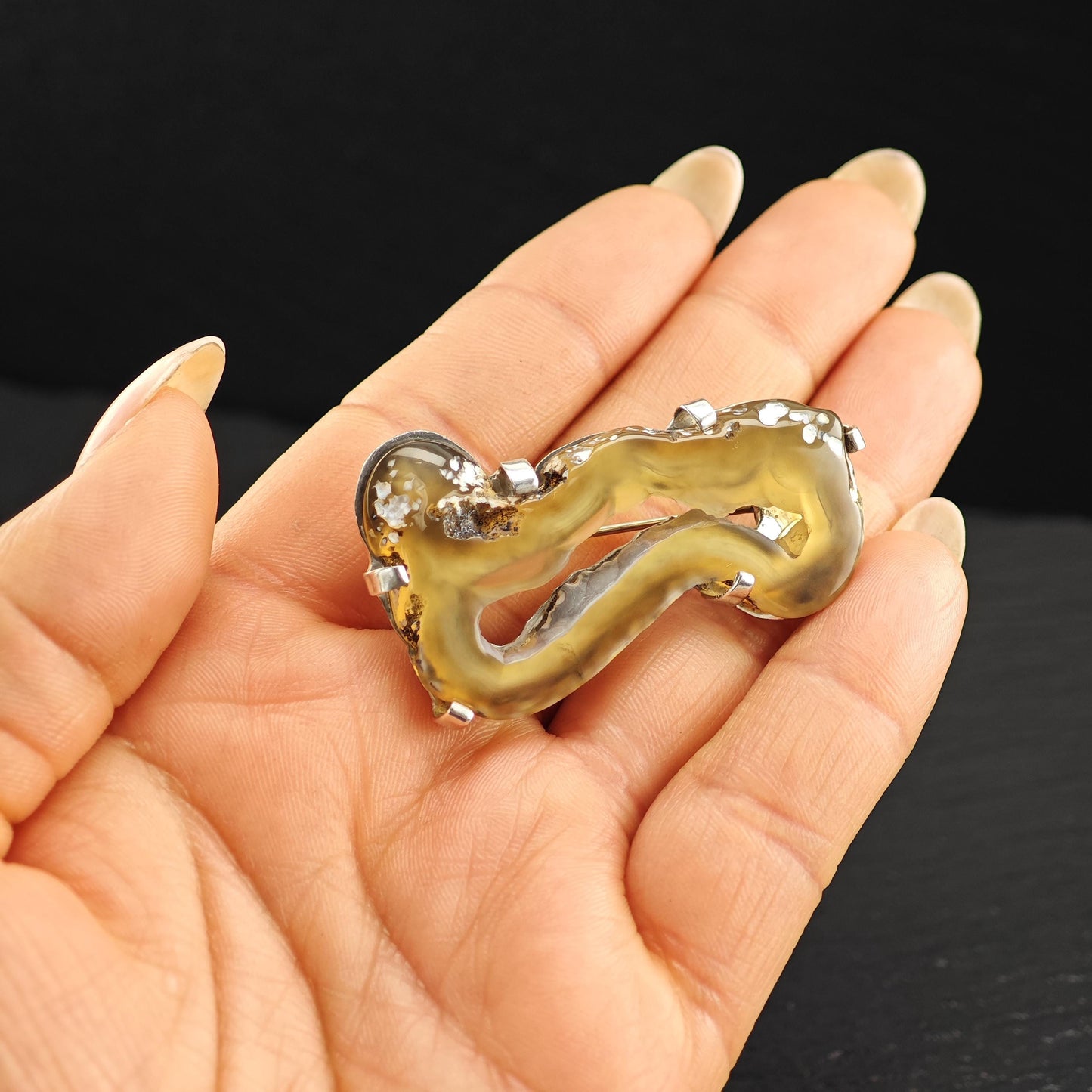 Vintage Tan Clear, Abstract Agate Brooch Sterling Silver