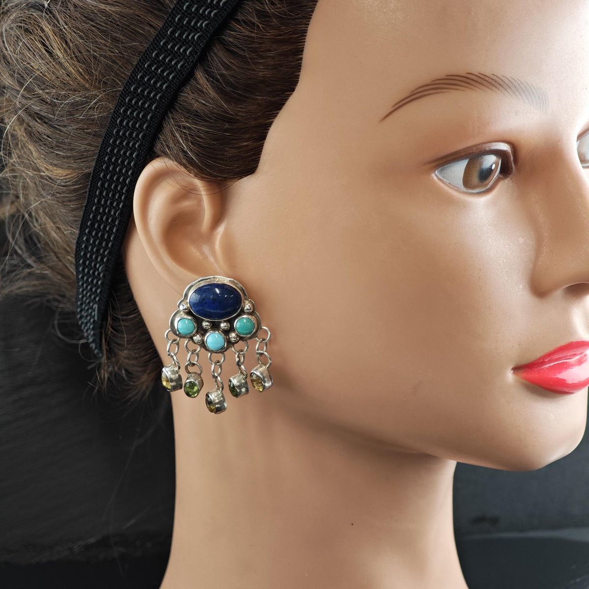 Vintage Navajo Nakai Lapis, Turquoise Stud Sterling Silver Earrings ER3227