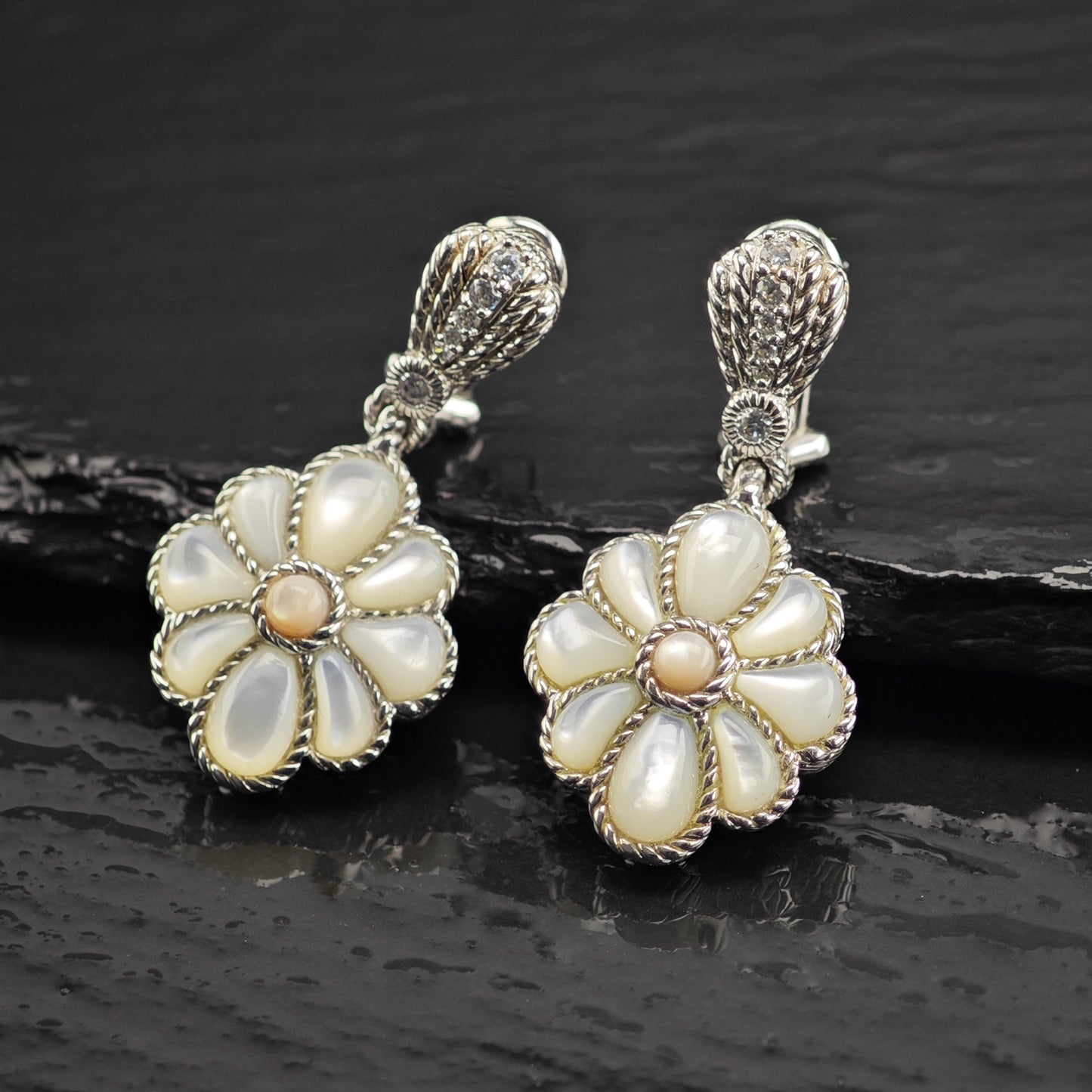 Vintage Judith Ripka Mother of Pearl, CZ Omega Back Sterling Silver Earrings ER3192