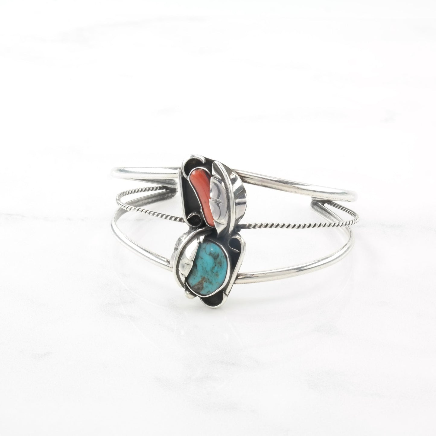 Southwest Turquoise, Coral Feather, Shadow Box Sterling Silver Cuff Bracelet