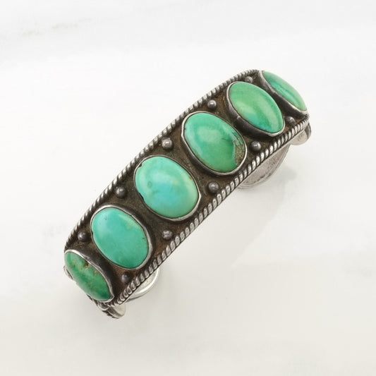 Ingot Silver, Native American Sterling Silver Cuff Bracelet Green, Blue Turquoise 5 Stone