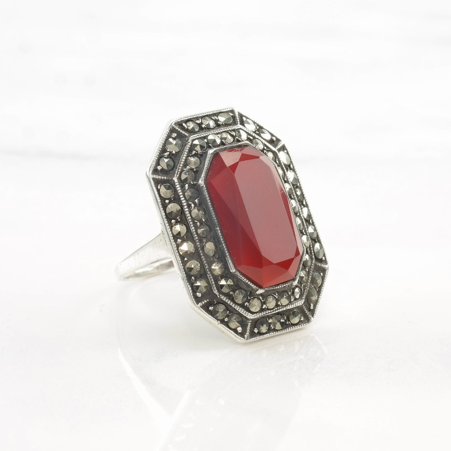 Art Deco Silver Ring Carnelian, Marcasite Sterling Red Size 4 3/4