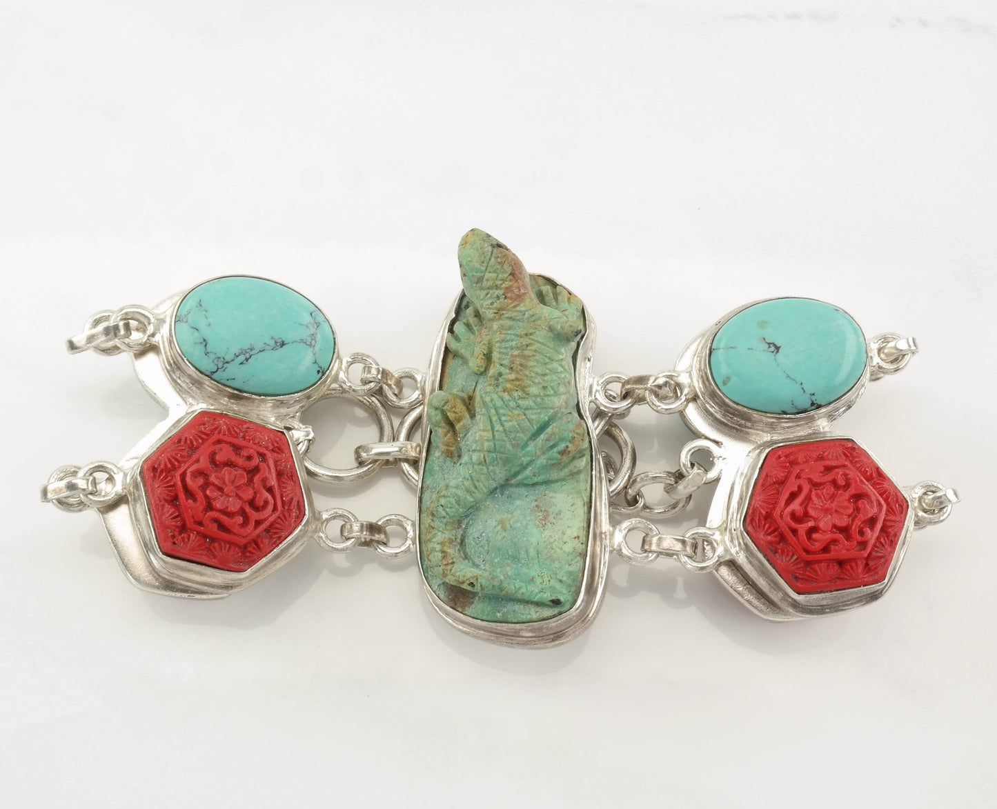 Sterling Silver Turquoise, Cinnabar, Lizard, Carved Link Bracelet