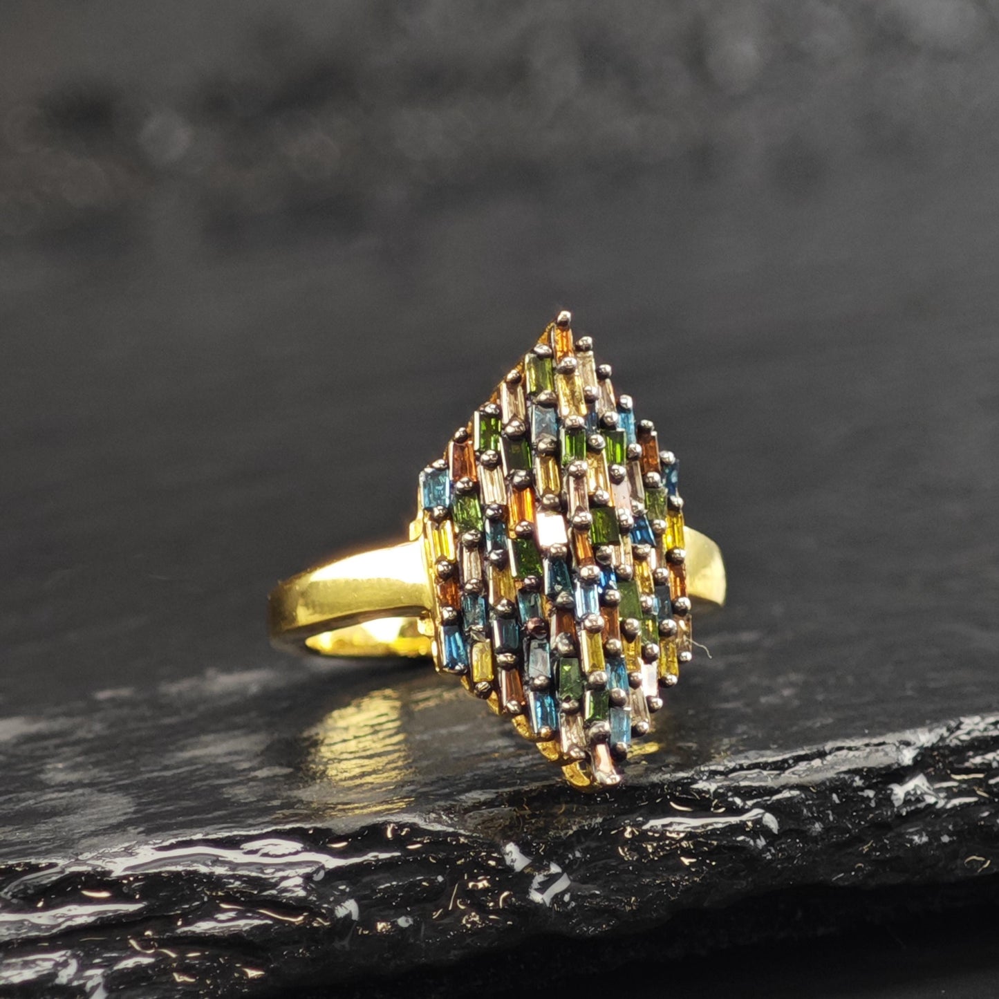 Color Diamond Marquis Shape Gold Plated Sterling Silver Ring Sz 6 R6610