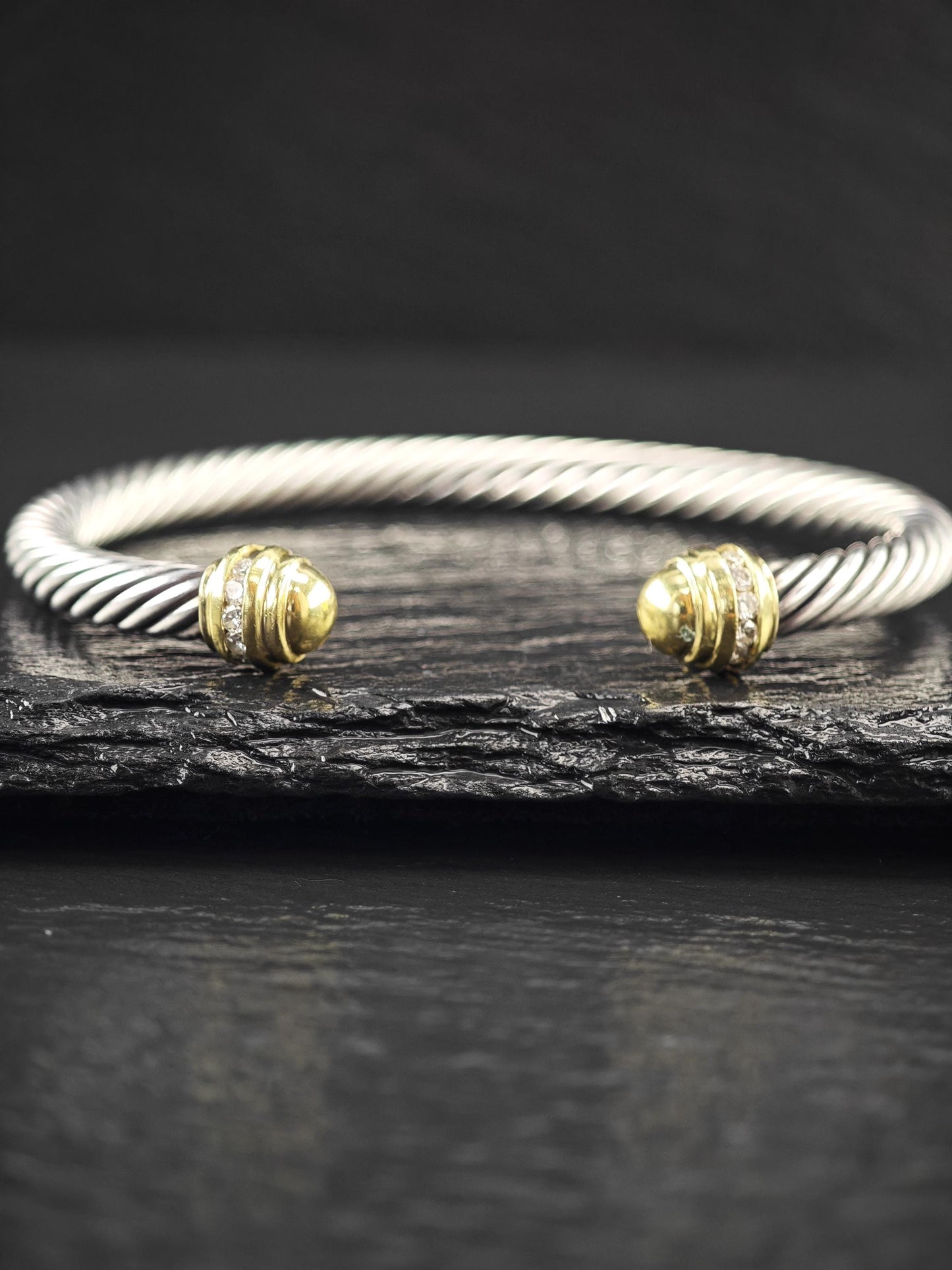 David Yurman 5mm, 18K Gold Accents, Diamond Cuff Bracelet Sterling Silver