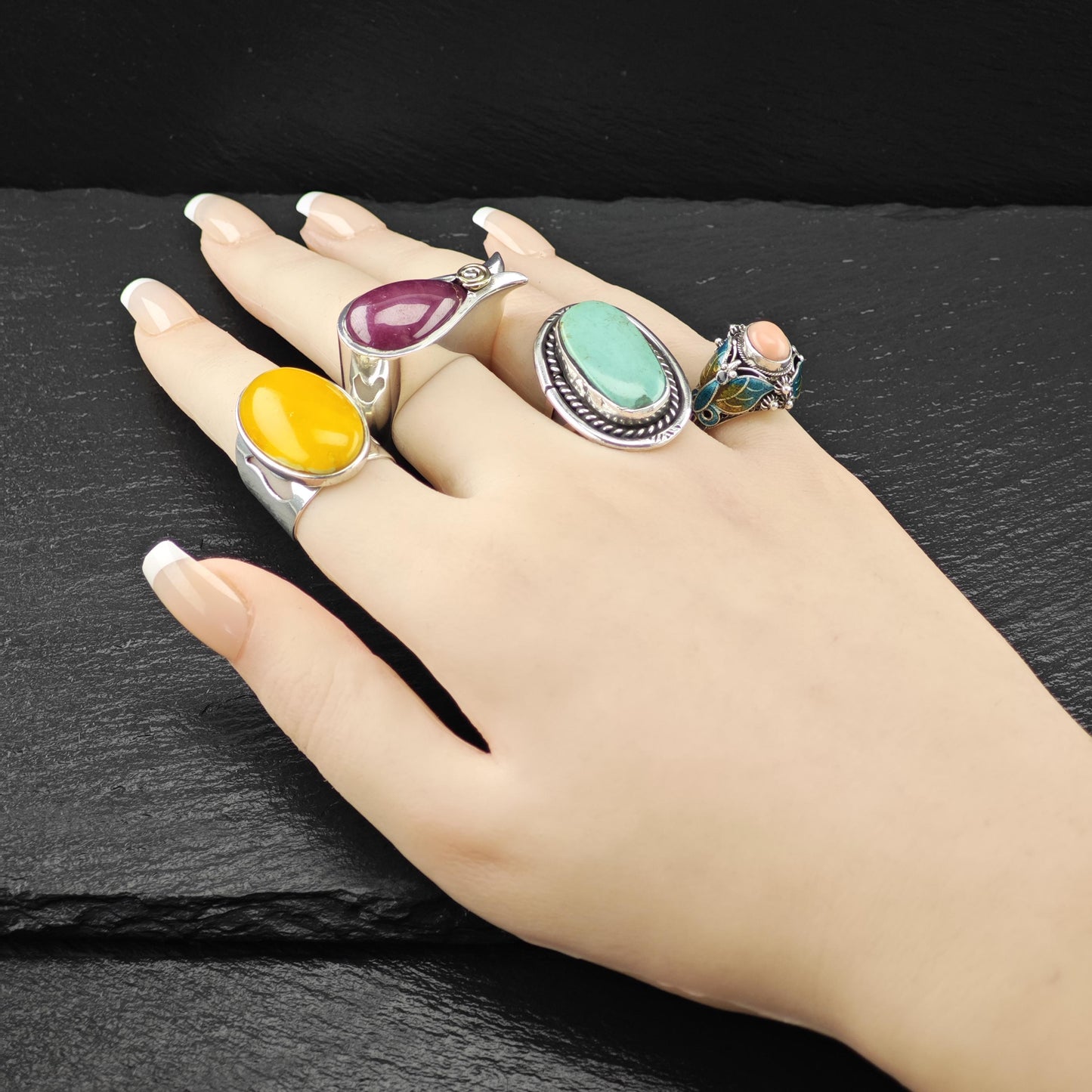 Wave Style Pink Ruby Cabochon Ring Sterling Silver Size 7 1/2