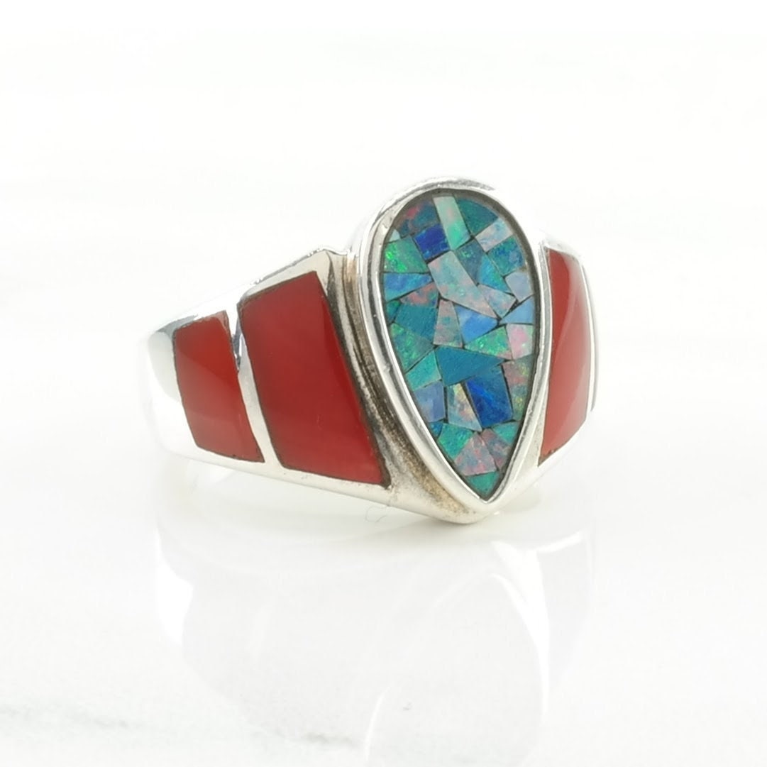 Sterling Silver Ring Opal Mosaic Inlay Size 7 1/4