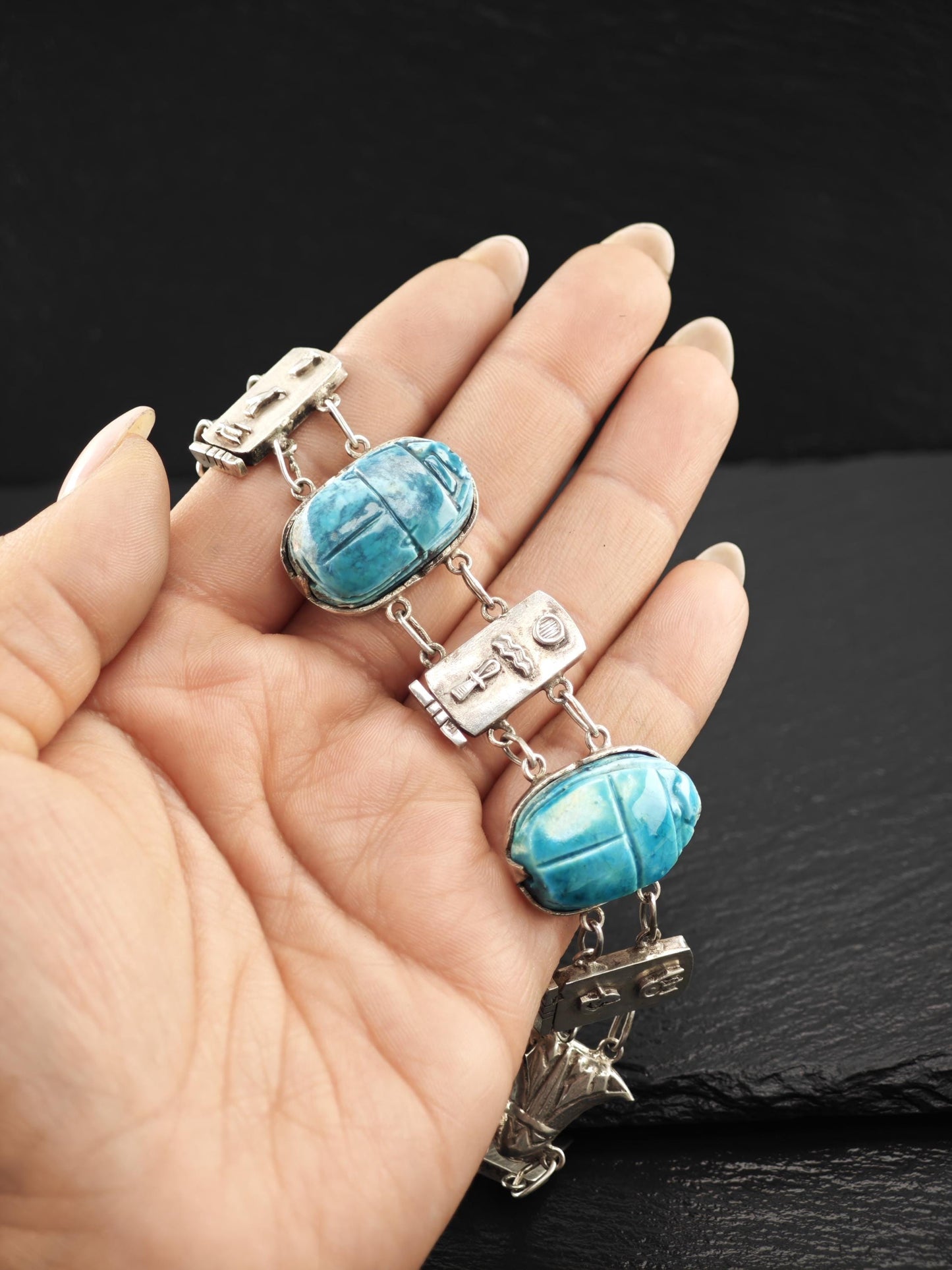 Egyptian Revival Cartouche & Carved Scarab Bracelet Sterling Silver