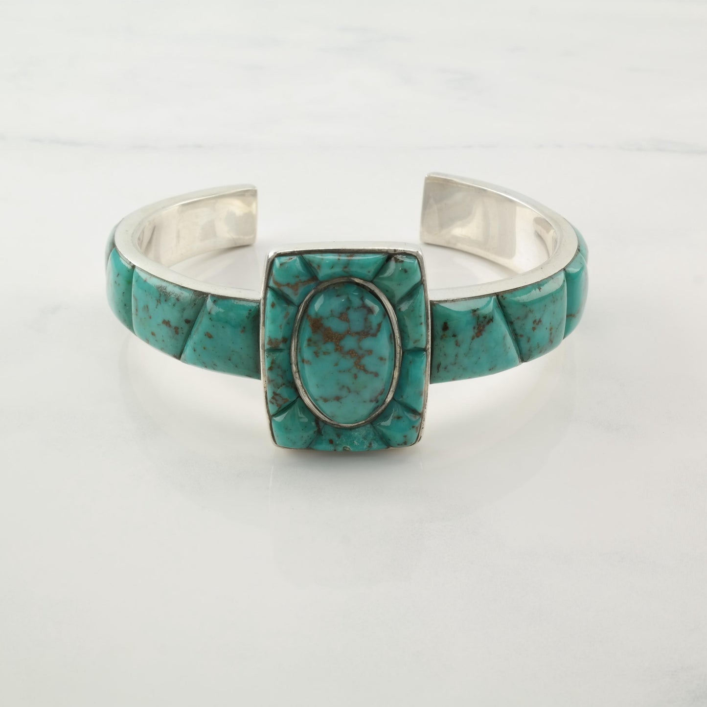 Southwest Turquoise Cobble Stone Inlay Cuff Bracelet Sterling Silver