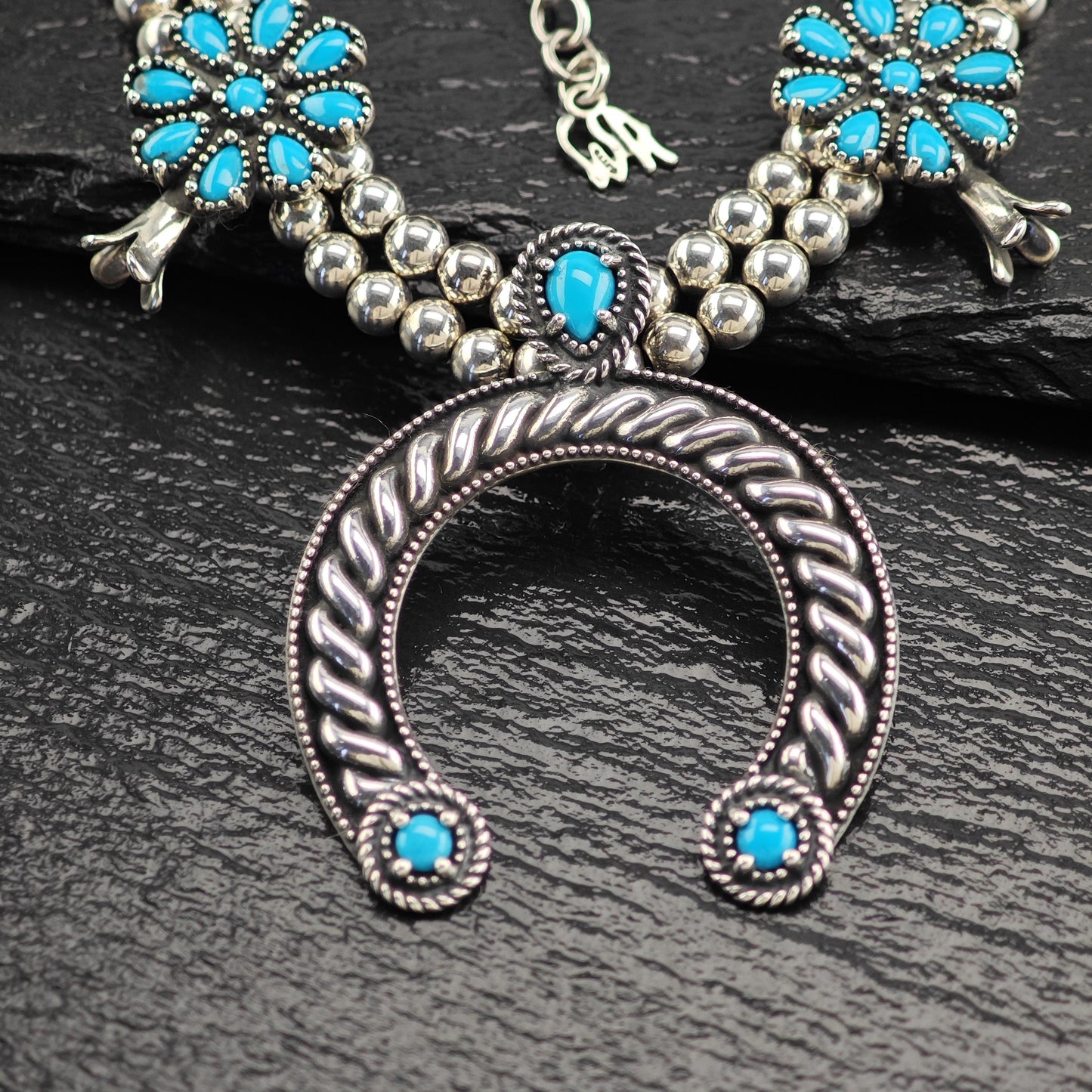 Carolyn Pollack Sterling Silver Squash Blossom Necklace with Removable Blue Turquoise Pendant