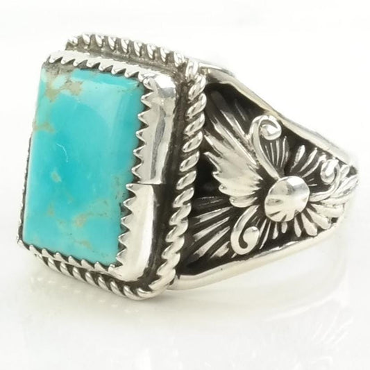 Vintage Native American Silver Ring Turquoise Floral Sterling Blue Size 10 1/2